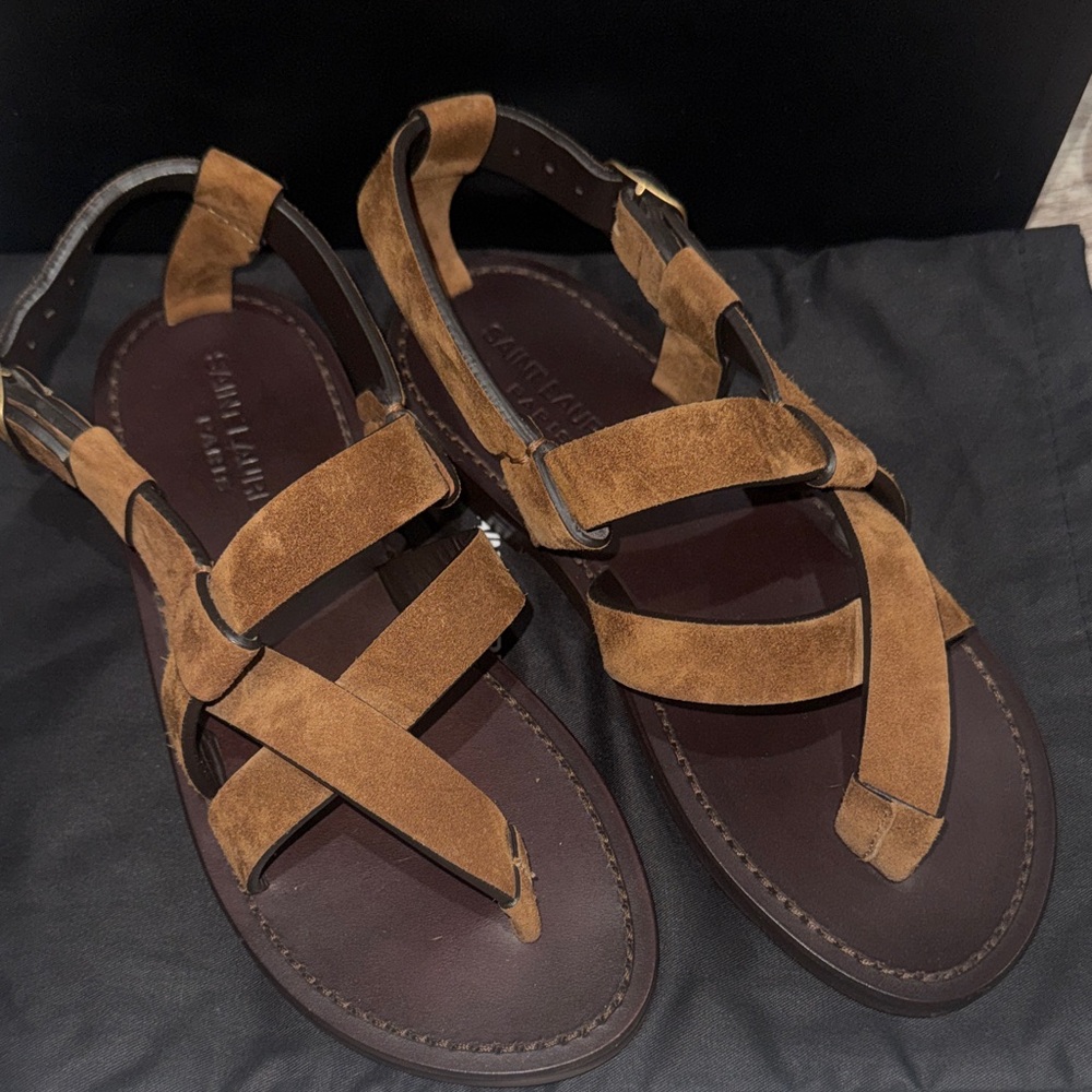 YSL Brown Suede Leather Strap Sandals